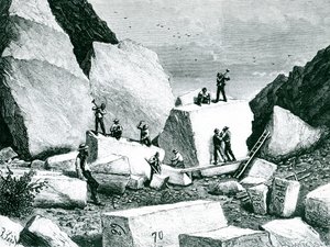 Mormonen die graniet delven voor de Tabernakel, getekend door J. Ferat en gegraveerd door C. Laplante door American School
